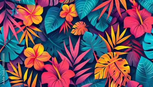 A vibrant pattern of tropical leaves and flowers in pink  teal blue  orange and hot red colors The cute and playful design Generative AI