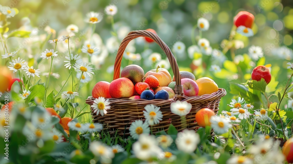 Basket with fruits and berries in the garden. Selective focus. Basket with fruits and berries in the garden. Selective focus.