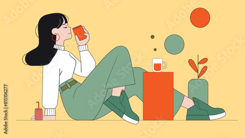 Ilustración de una mujer descansando y bebiendo un cafe