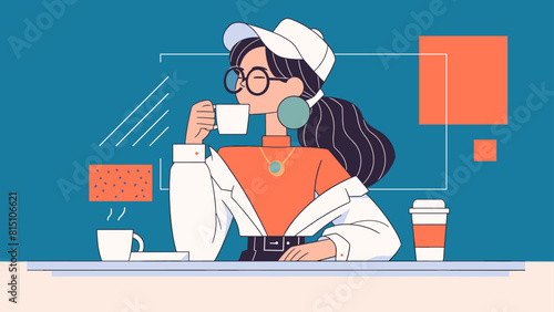Ilustración de una mujer descansando y bebiendo un cafe