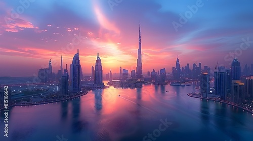 Futuristic Dubai Skyline Glowing at Sunset with Iconic Structures photo