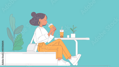 Ilustración de una mujer descansando y bebiendo un cafe