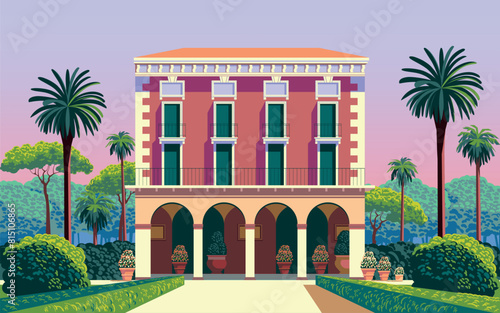 Traditional romantic old chateau with garden, palms, flowering beds and trees. Handmade drawing vector illustration.