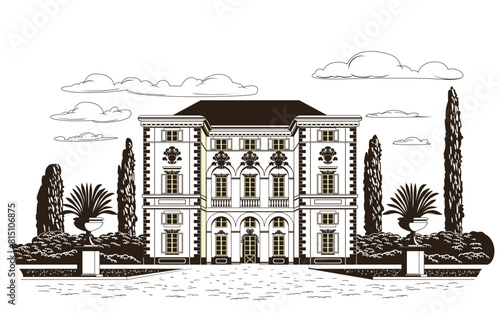 Traditional romantic old chateau with a garden, flowering beds, cypress trees in the background. Graphic monochrome landscape. Engraved hand drawn old sketch vector.