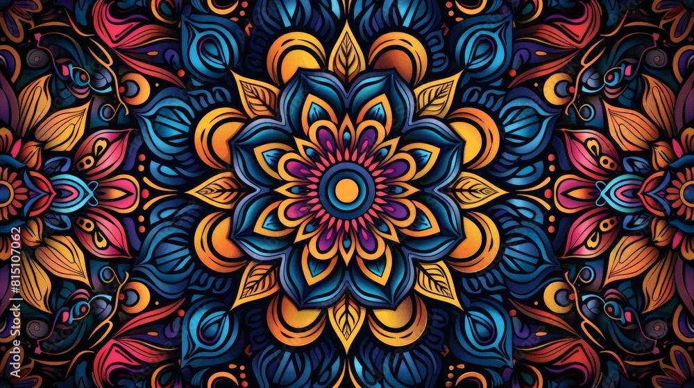 Vibrant Mandala Pattern on Dark Background Vibrant Mandala Pattern on Dark Background