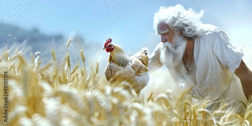 Animals on Mount Olympus god of farming chases rogue chicken in wheat fields. Concept Greek Mythology, Mount Olympus, God of Farming, Rogue Chicken, Wheat Fields