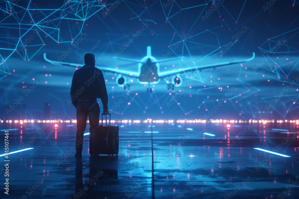 Obraz premium A man is standing on a runway with a suitcase in front of an airplane