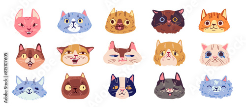 Set of cute funny and silly cat faces on white background. Different breed cat characters heads with emotions - angry, sad, scared and happy. Cartoon cat muzzles vector illustration