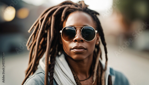 Portrait of an African American woman with dreadlocks and sunglasses, isolated white background  © abu