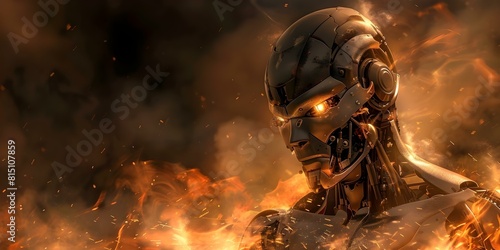 Humanoid robot soldier engulfed in black flames battles in lava sea and sustains damage. Concept Sci-fi, Robot, Battle, Flames, Damage