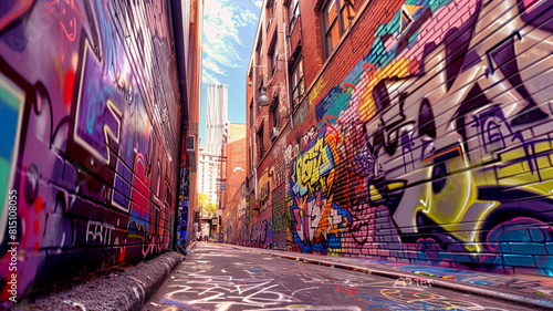 Bold lines of graffiti adorning the walls of an urban alleyway, with vibrant colors and abstract shapes creating a visual feast for the senses and a reflection of the creativity and energy . © R & Y creative