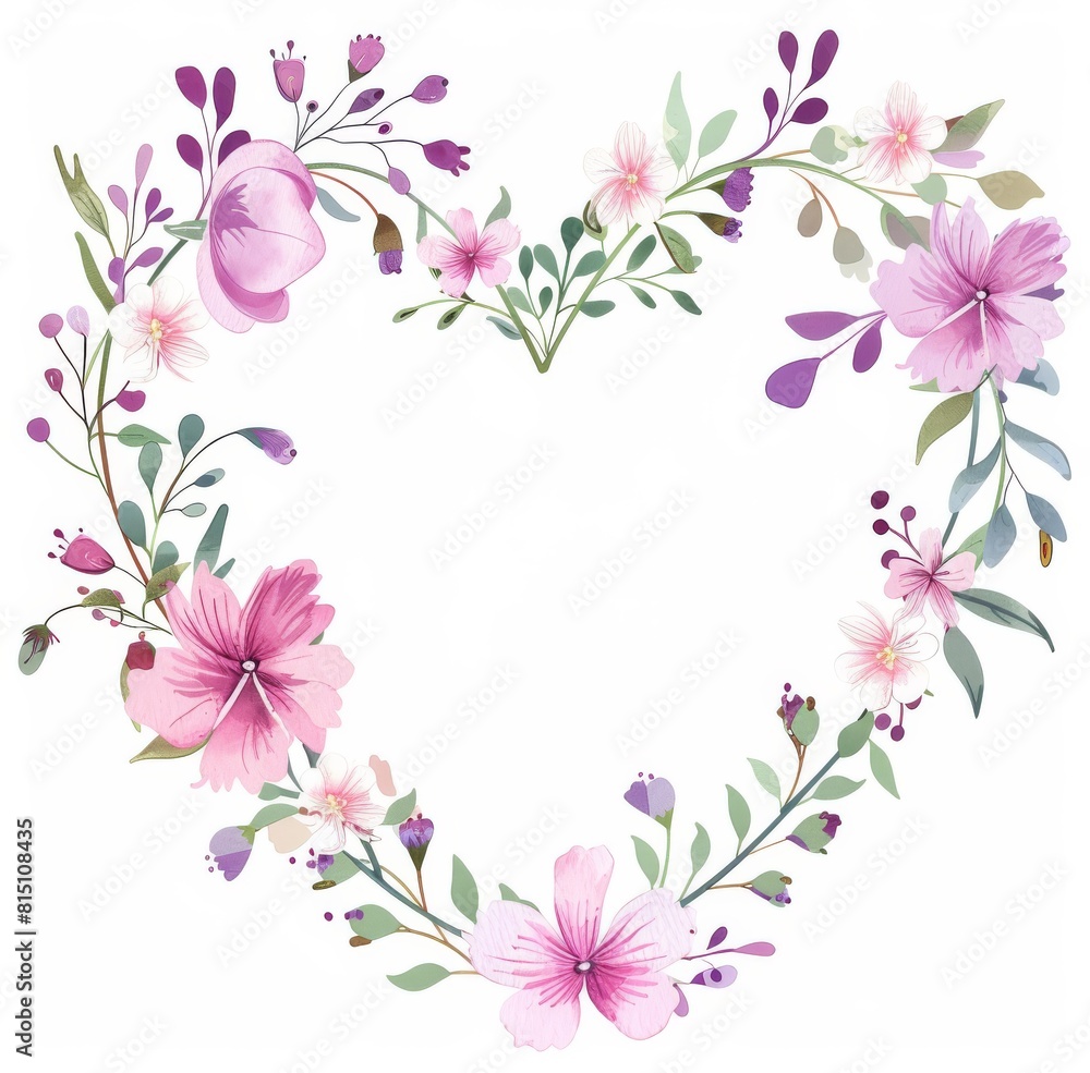 Geometric frame in the shape of a heart with pastel pink and purple flowers Geometric frame in the shape of a heart with pastel pink and purple flowers