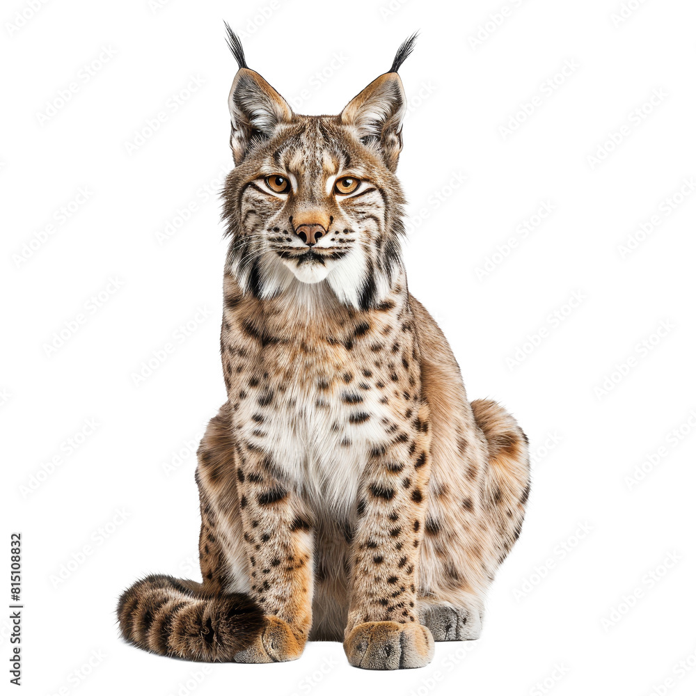 A lynx is seated in front of a plain white backdrop, a eurasian lynx isolated on transparent background A lynx is seated in front of a plain white backdrop, a eurasian lynx isolated on transparent background
