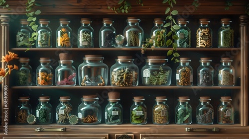 Herbalists Apothecary Cabinet Brimming with Labeled Herbs and Remedies photo