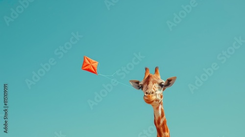 A giraffe is flying a kite with a red frisbee attached to it