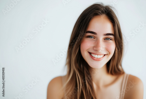 Portrait of beautiful young woman smiling and looking at camera on white background 