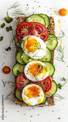 Open-faced sandwich with boiled eggs, cucumbers, tomatoes, and microgreens.