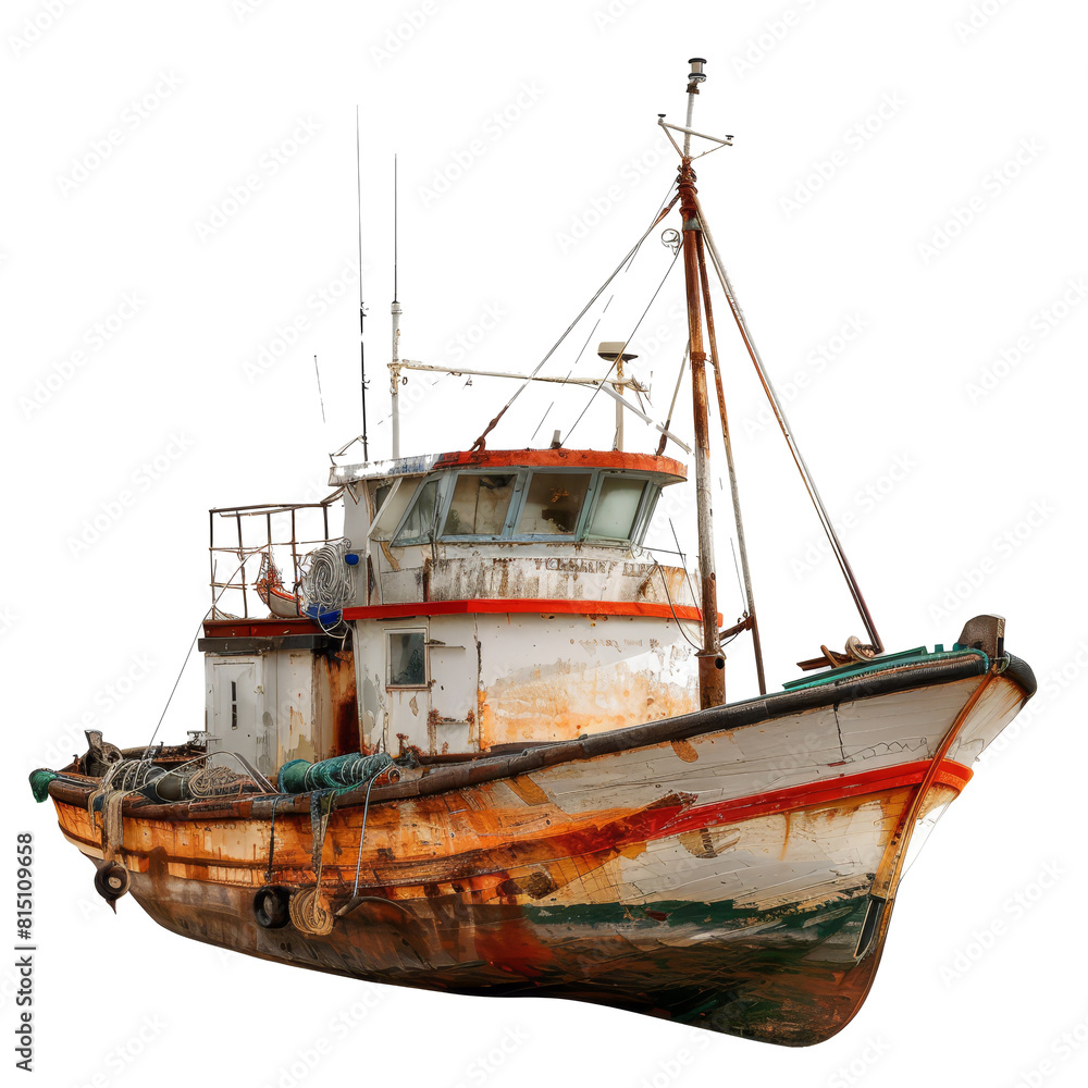 An aged, rusty fishing boat stands isolated against a plain white backdrop, a Fishing boat isolated on transparent background An aged, rusty fishing boat stands isolated against a plain white backdrop, a Fishing boat isolated on transparent background