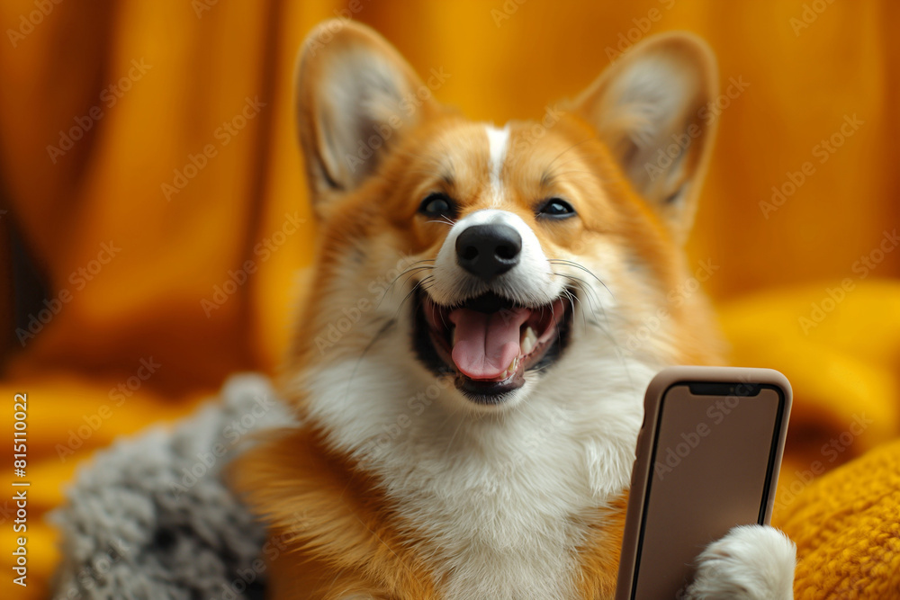 A happy and funny corgi dog holding a phone, an adorable meme for humor, technology among pets. A happy and funny corgi dog holding a phone, an adorable meme for humor, technology among pets.