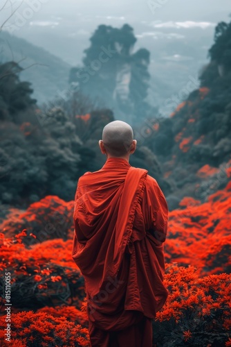 Buddhist Monk Standing in Field of Red Flowers