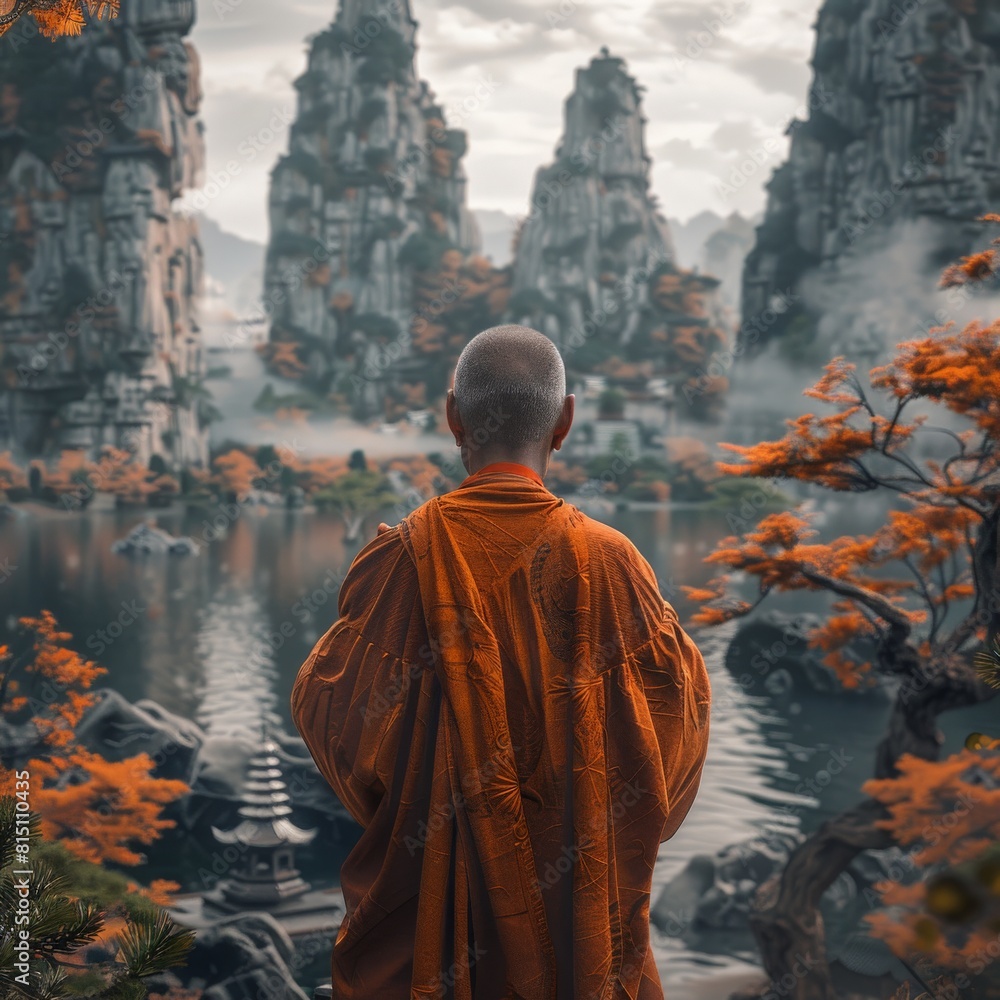 Monk Standing in Front of Body of Water Monk Standing in Front of Body of Water