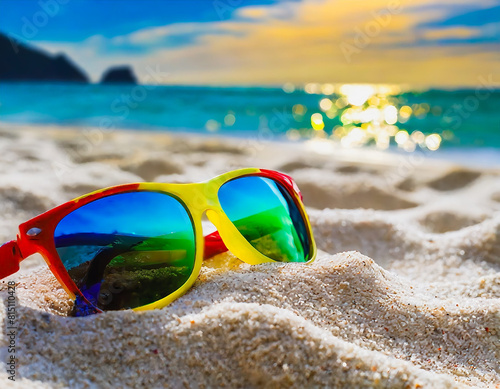 Colorful Frame Sunglasses on Sandy Beach