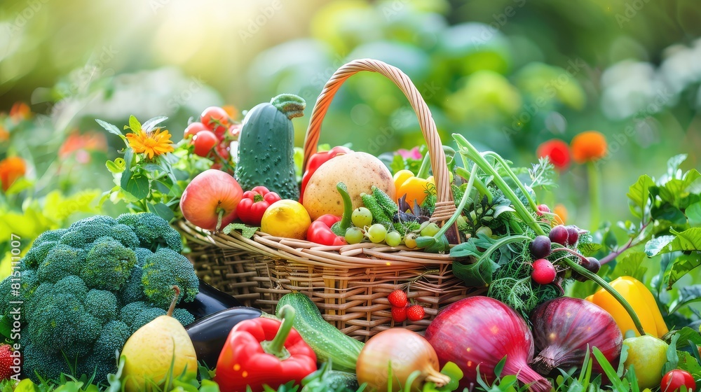 Basket with vegetables and fruits. Selective focus. Basket with vegetables and fruits. Selective focus.