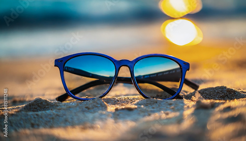 Blue Frame Sunglasses on Sandy Beach at Golden Hour