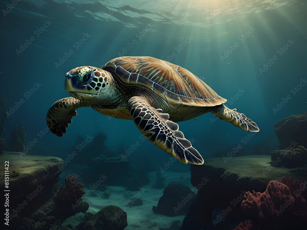 Fototapeta premium Green Sea Turtle Swims in the Deep Blue