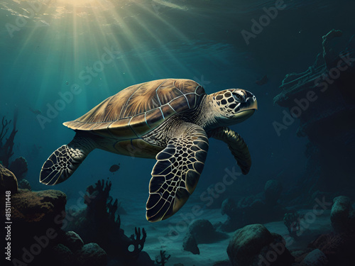 Green Sea Turtle Explores the Ocean Depths