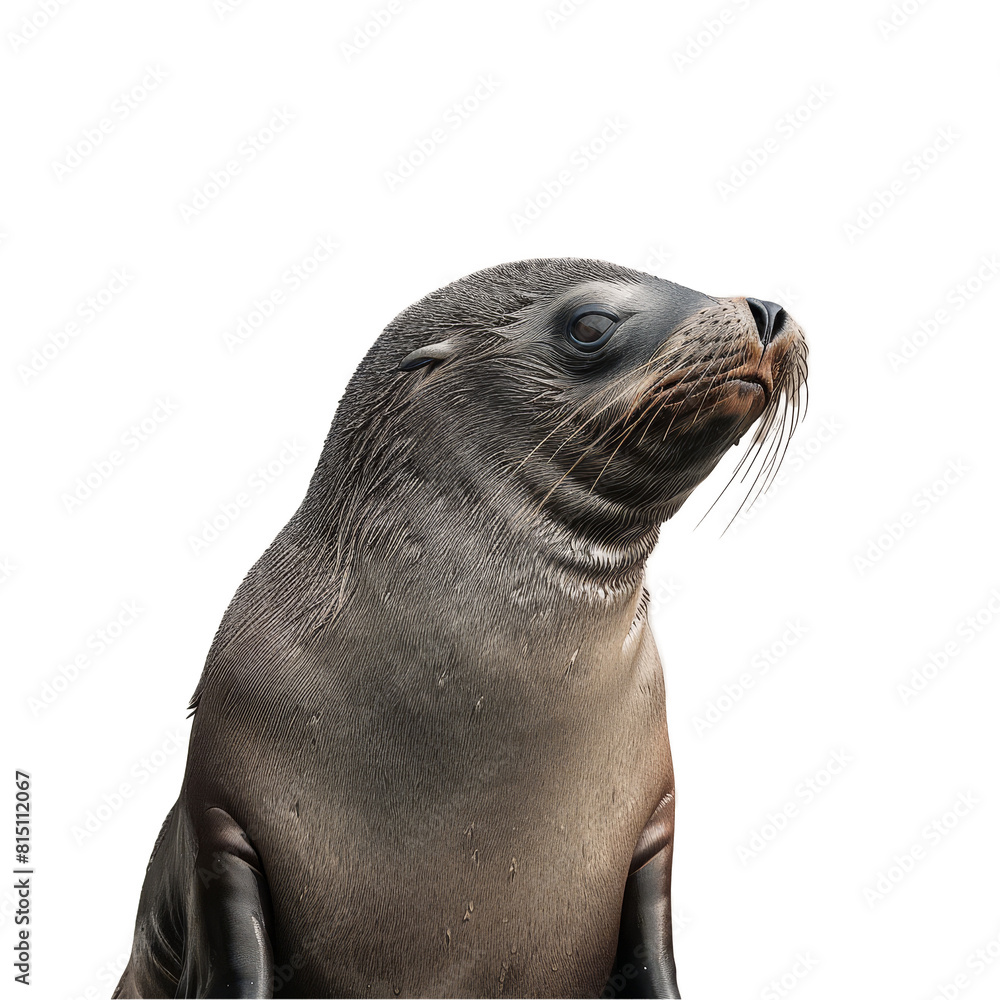 Obraz premium A sea lion is seated on a plain white backdrop, a galapagos fur seal isolated on transparent background