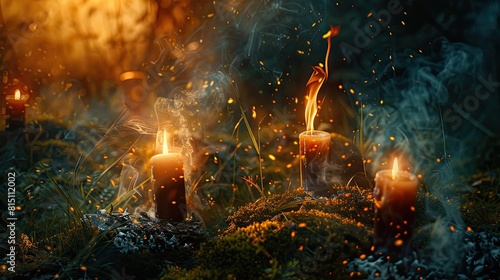 Candles and fortune telling magic in the forest. Selective focus. photo