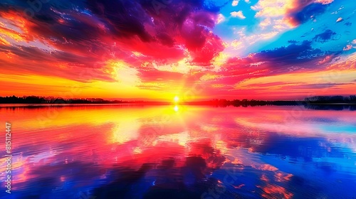 An image of a vibrant sunset over a serene lake  with colorful reflections shimmering on the water  illustrating the harmony between light and water.