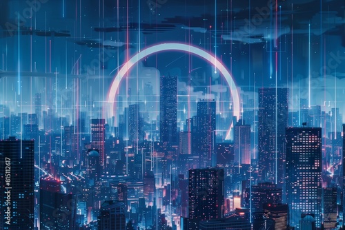 city skyline at night, A cyberpunk cityscape: the glowing circle lines form skyscrapers against the midnight blue sky. The geometric stripe art pulses with neon indigo, reflecting the heartbeat of a m