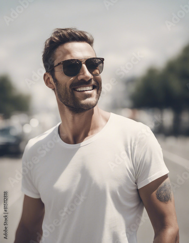 Portrait of happy man in white t-shirt and wearing sunglasses, isolated on white background 