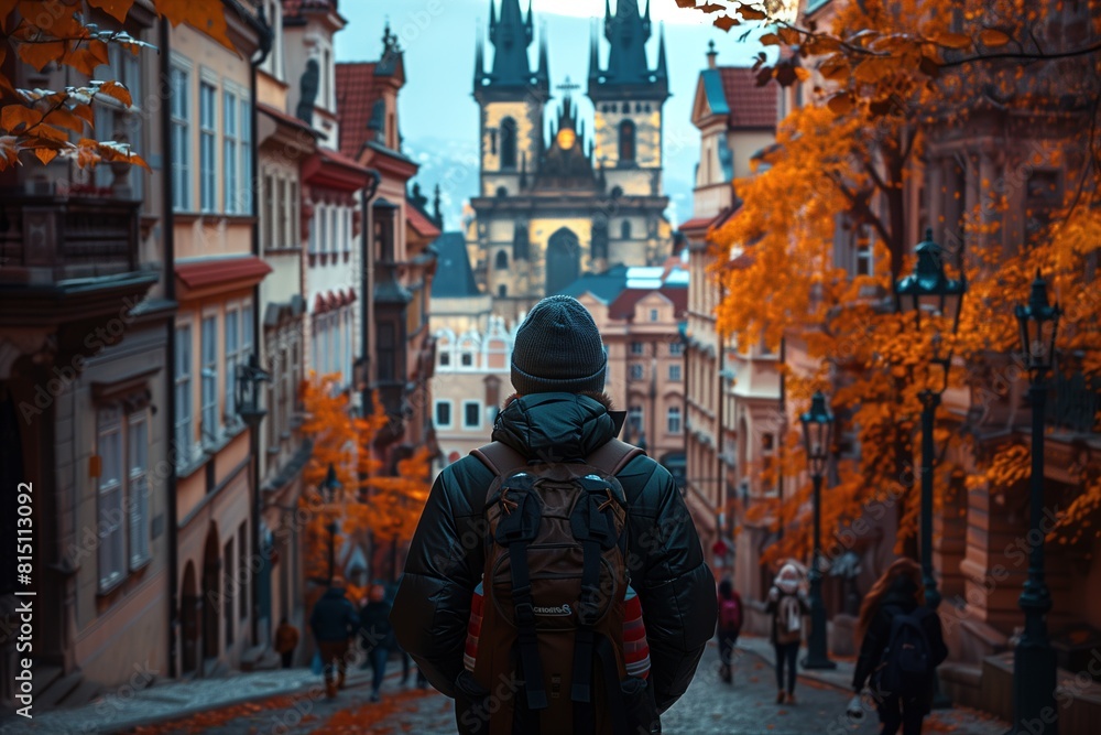 Man Walking Down Cobblestone Street in Prague