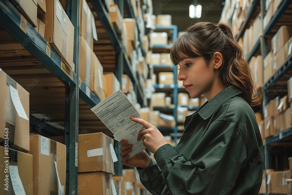 Fototapeta premium Woman Reviewing Document in Warehouse