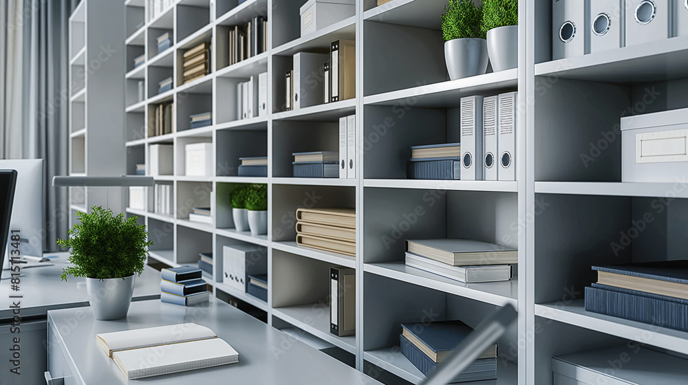 Clean and organized office storage shelves Clean and organized office storage shelves