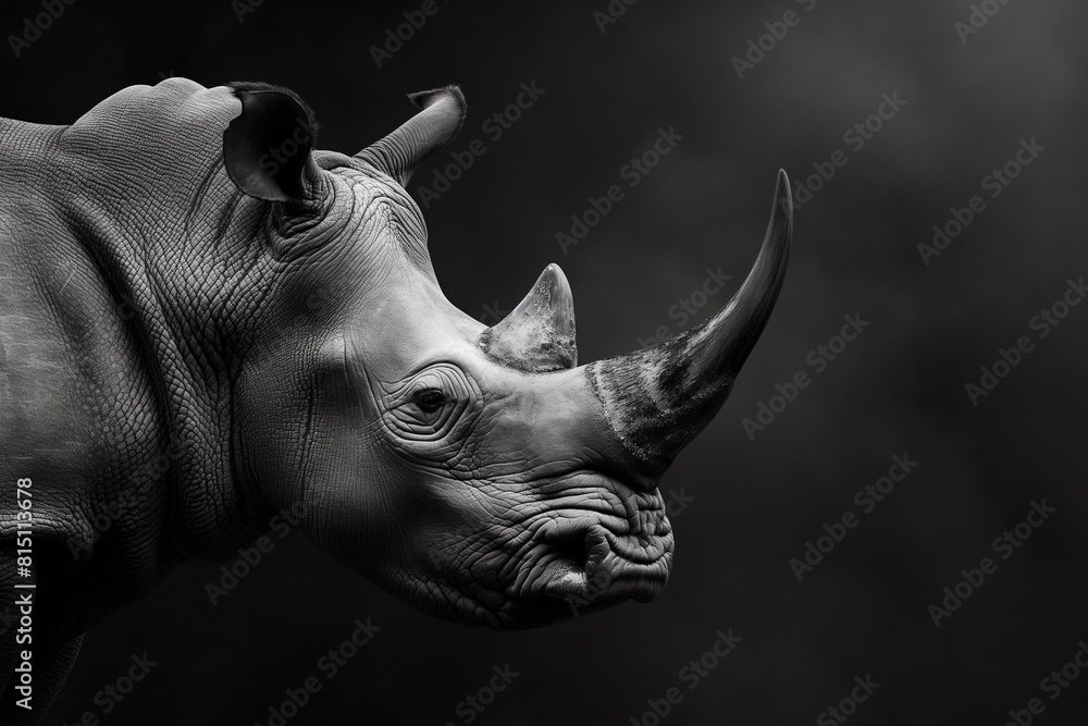 Fototapeta premium A black and white close-up portrait of a rhino isolated against a black background