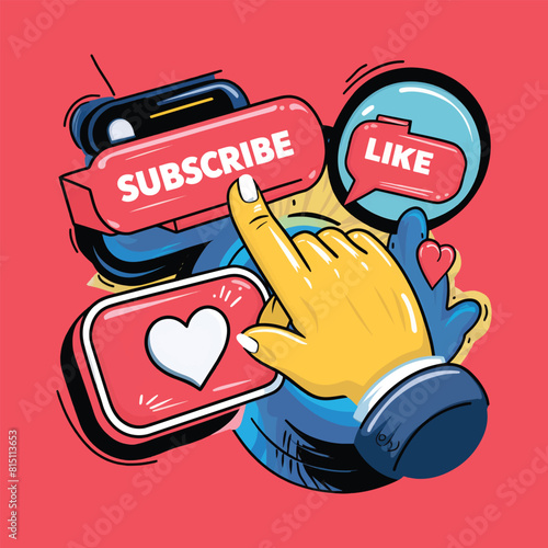 Press the subscribe button to follow and like on social media vector