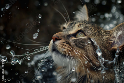 a cat interacting with falling water droplets epitomizes the purity of nature. curiosity of animals. interaction between domestic animals and the elemental aspects of their environment.