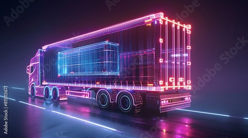 A captivating 3D rendering illustration showcasing a lorry truck adorned with a container blueprint depicted as a luminous neon hologram, offering a glimpse into a futuristic transportation design