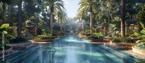 Luxurious Tropical Oasis of a Lavish Resort s Lush Landscaped Grounds with Serene Pool and Tranquil Water Features