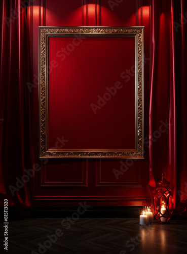Ornate Gold Frame with Blank Red Poster Mockup - Suitable for Event Promotion and Decorative Art Display