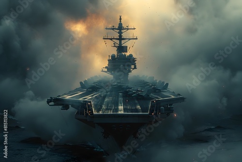 Majestic Aircraft Carrier Launching Powerful Fighter Jets into Dramatic Warzone Backdrop