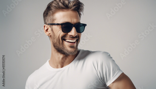 Portrait of happy man in white t-shirt and wearing sunglasses, isolated on white background  © abu