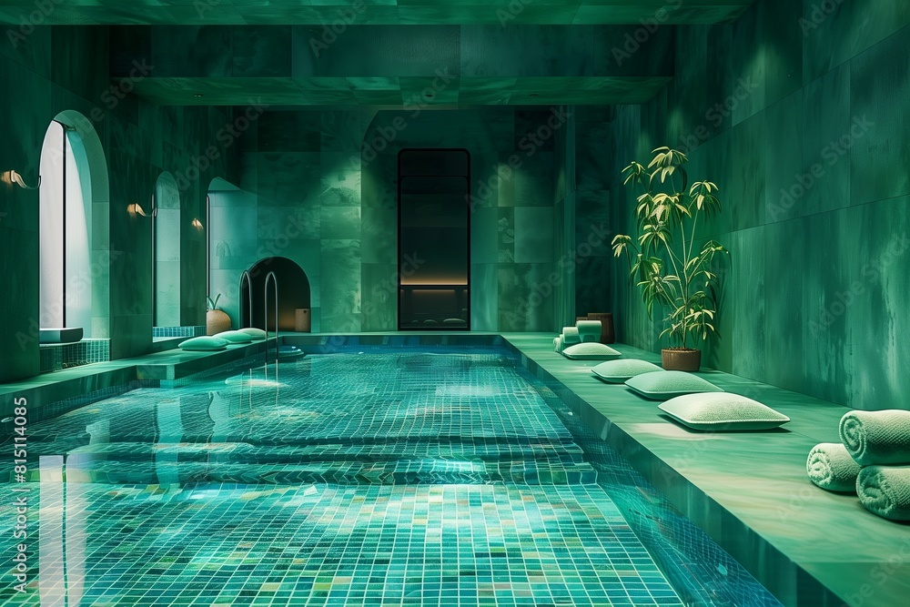 interior of an old abandoned house, A spa retreat: the green-tiled pool area transformed into tranquil aquamarine. The steam room emits a soft glow, and guests unwind on plush indigo towels