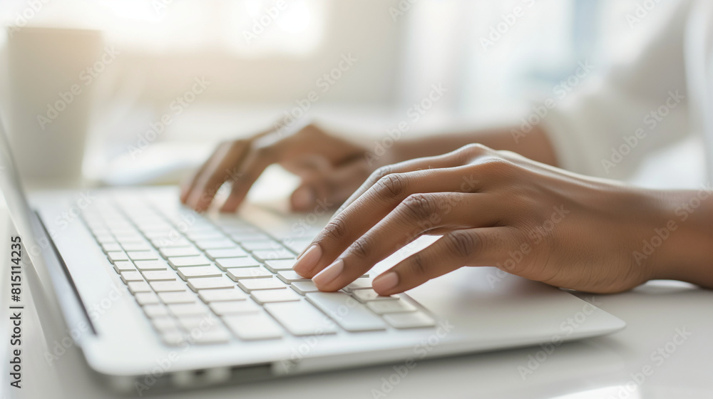 Close-up of a focused office worker typing on a sleek minimalist keyboard Close-up of a focused office worker typing on a sleek minimalist keyboard