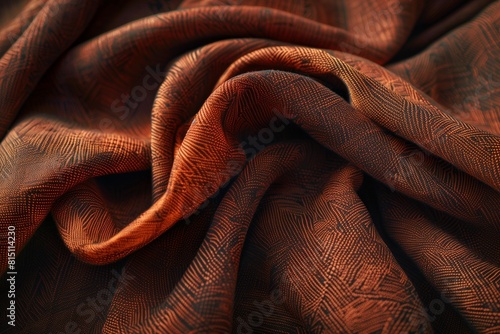 close up of a stack of leather, A textile masterpiece: the fabric swatch showcases thick and thin waves in burnt sienna. The linen texture promises both elegance and durability
