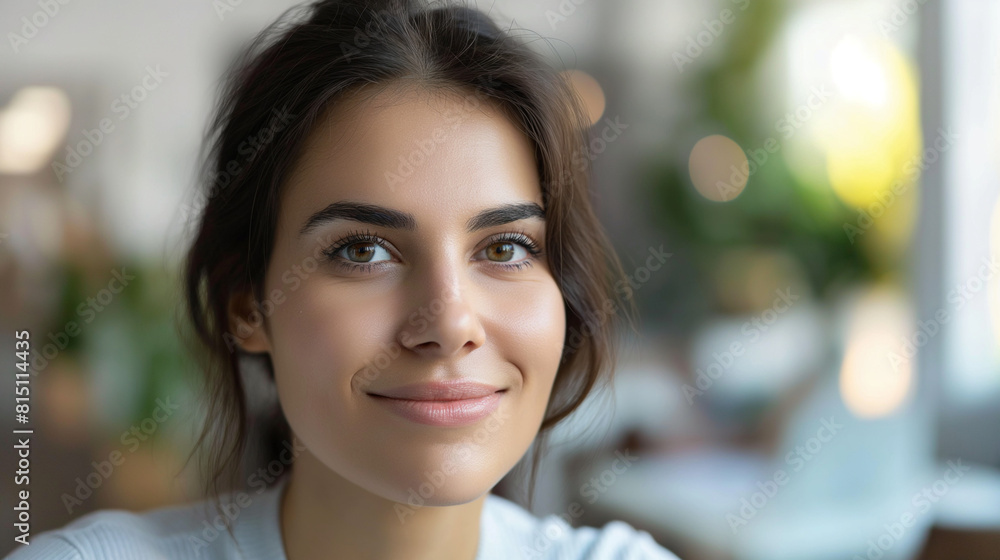 Close-up of an office worker's face with a calm expression during a minimalist brainstorming session Close-up of an office worker's face with a calm expression during a minimalist brainstorming session